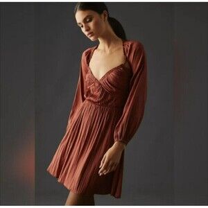 NWT $148 Anthropologie S P Puff-Sleeved Sweetheart Mini Dress Copper Brown N84